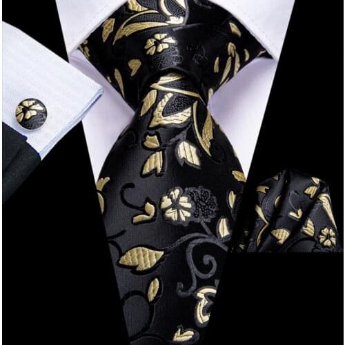 Hi-Tie Yellow Black Floral Silk Wedding Necktie For Men Handky Cufflink Fashion Designer Tie For Men Business Party Dropshiping