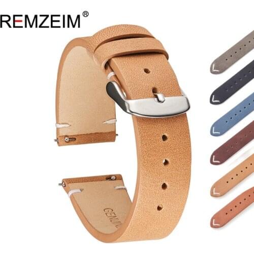 REMZEIM Watch Accessories Watch Strap 18mm 20mm 22mm Vintage Cow Leather Watch Band Yellow Blue Black Brown Watchband