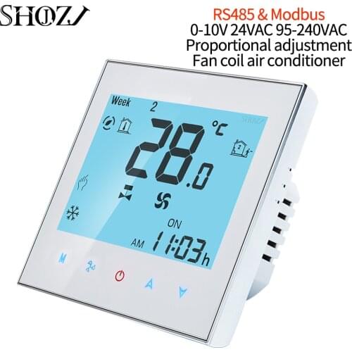 RS485& Modbus RTU 0-10V 24V 95-240V Remotely Controls Home Temperature Control Thermostat Switch for Fan Coil Heat Cool