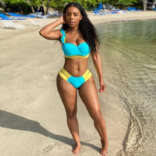 CM.YAYA Women Summer Bikinis Set Beach Sexy Tank Crop Tops and Panties Matching Two 2 Piece Set Swimsuit