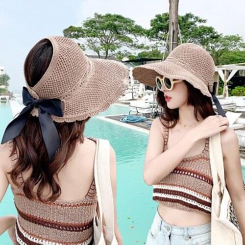 Summer Japanese Ladies Bow Fisherman Cap Outdoor Beach Wild Sunscreen Sunshade Empty Top Folding Straw Hat Female L4