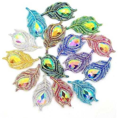 10pcs Leaf Feather AB Crystal Flatback Rhinestone Sew On Rhinestone DIY Handsewing Resin Gem Stones Applied On Clothes 20x38mm