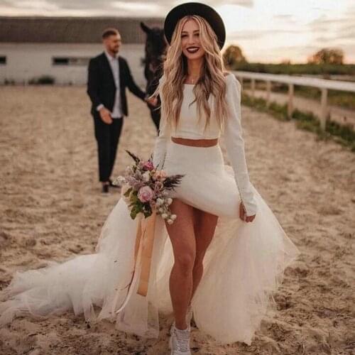 Bohemian Vintage Two Pieces Wedding Dresses 2021 Long Sleeve Bridal Gown O-Neck Beach Wedding Gown