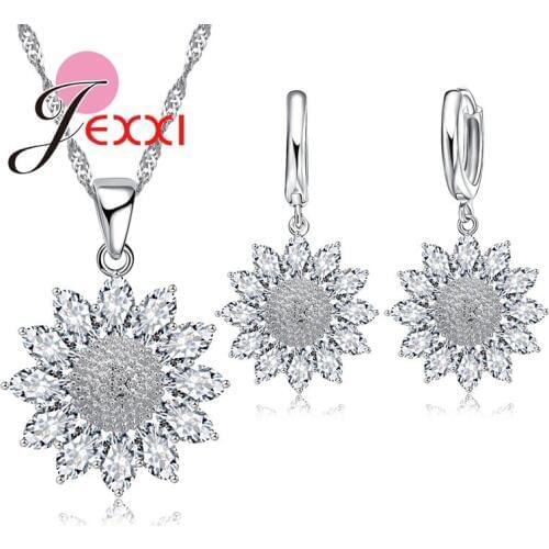 Vintage Sunflower Cubic Zircon Wedding Engagement Silver Jewelry Sets Fashion Pendant Necklaces Set For Women
