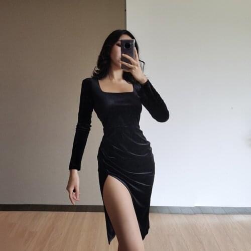 Vintage Gothic High Slit Black Dress Women Elegant Velvet Long Sleeve Dresses 2021 Ladies Evening Party Dress Femael Clothing