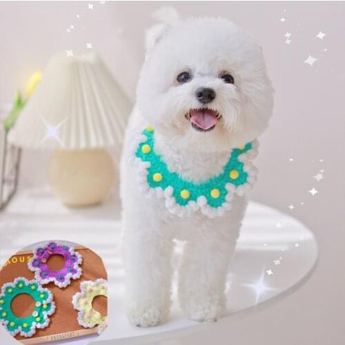 Macaron Color Knit Puppy Bib Collar Pretty Dog Accessories for Bichon Floral Neckerchief Handmade Pet Bows Scarf Yorkie Maltese