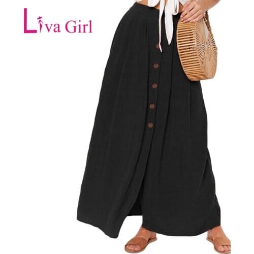 LIVA GIRL 2020 Summer Buttoned Maxi Skirt for Woman Casual Slit Pleated Detail and Front Pockets Skirts Black/Beige/Orange Jupes