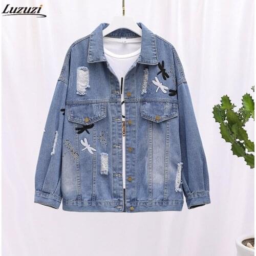 Luzuzi Plus Size Womens Loose Denim Jacket Thin Section Fashion Decal Embroidery Pattern Lapel Blue 2020 Summer Denim Coat 5XL