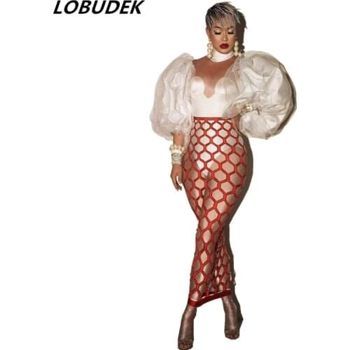 Women Puff Sleeve Spandex Skinny Hollow Plaid Dress Spring Autumn Birthday Prom Evening Party Outfit Singer Host Stage Dresses