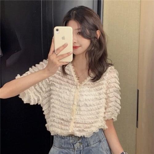 Dropshipping Blouses Women Temperament Chiffon Frill Edge Soft Retro Summer Chic Shirts Fresh Popular Trendy Buttons Women Tops