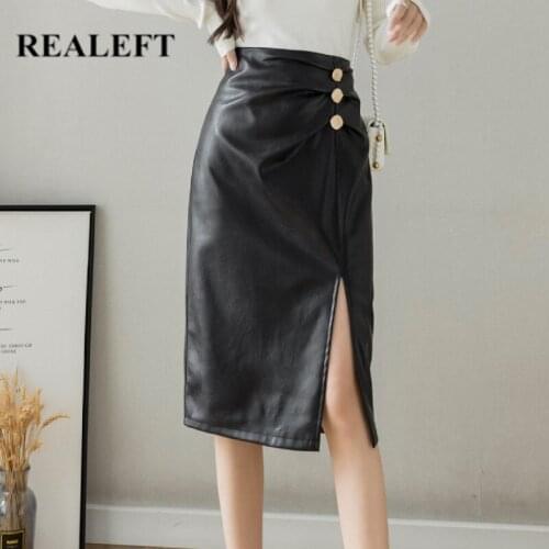 REALEFT 2021 New Buttons Womens Black PU Leather Wrap Skirts Office High Waist Front Split Womens Midi Skirts Female Autumn