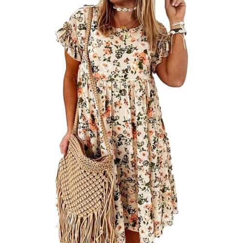Women’s Summer Dresses Fashion Print O Neck Ruffle Short Sleeve Loose Swing Ruffle Dress 2021Woman Leisure Vacation Beach Skirt