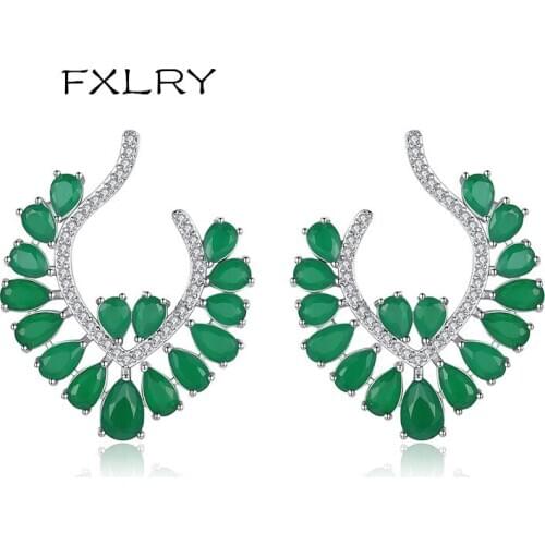 FXLRY New Design Fashion White Green Color Cubic Zircon Charm Women Leaf Stud Earrings for Wedding Party Fashion Jewelry Gift