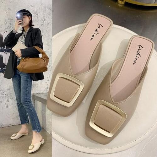 2021 Slippers Women Pointed Square Heels New Summer Shoes Fashion Luxury Thin Slides Slip Loafers Mules Female Party Shoes