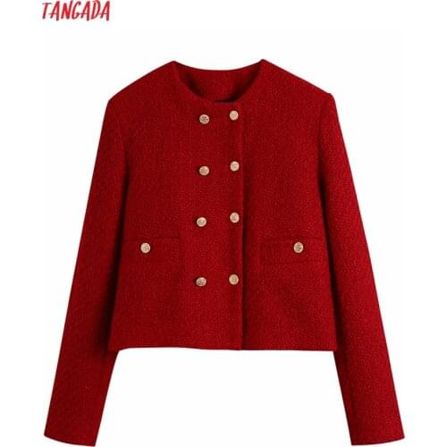 Tangada Women Vintage Red Tweed Blazer Female Long Sleeve Elegant Jacket Ladies Crop Blazer Suits BE318