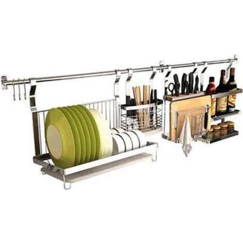 1256 Wall Mounted Kitchen Spice Rack Stainless Steel Shelf Chopstick Holder Dish Drainer Knife Rack Combination Organizer