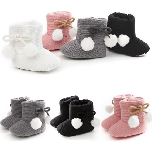 2020 Baby Autumn Winter Boots Baby Girl Boys Winter Warm Shoes Solid Fashion Toddler Fuzzy Balls First Walkers Kid Shoes 0-18M