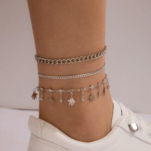 3Pcs/Set Bohemian Fashion Personality Palm Tassels Beach Anklet Chain for Women Summer Jewelry