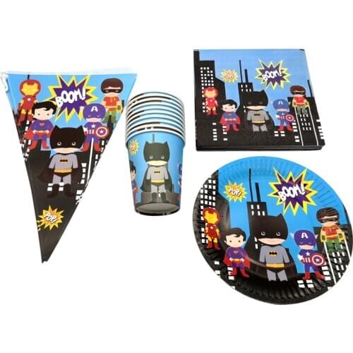 40pcs/lot Superhero Theme Hanging Banner Birthday Party Napkins Flags Plates Cups Decorate Boys Favors Bunting Tableware Set