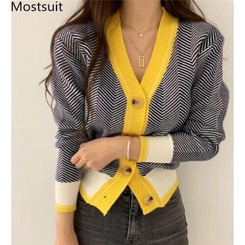 V-neck Single-breasted Korean Cardigan Sweater Women 2020 Autumn Winter Color-blocked Long Sleeve Fashion Elegant Ladies Tops