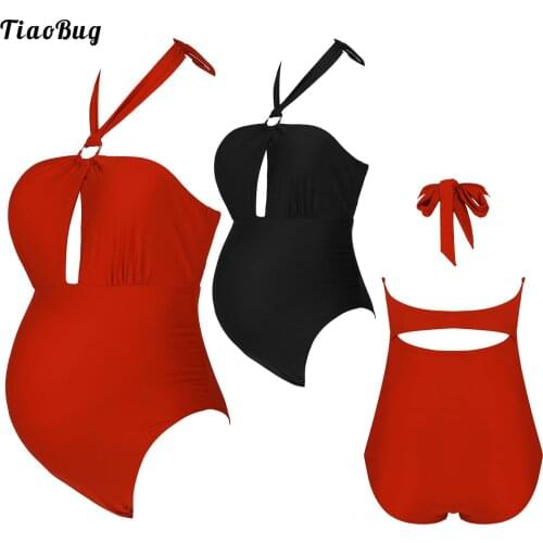 TiaoBug Summer Pregnant Woman Halter Lace-Up Cut-Out Front Open Back Swimsuit Maternity Bodysuit Solid Color Padded Bra Swimwear