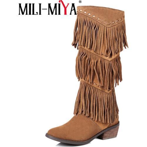 MILI-MIYA New arrival mid calf boots women round toe autumn winter boots causal Low heels fashion fringe boots plus size 34-43