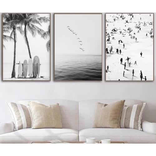 Minimalist Black and White Ocean Surfboard Poster People on the Beach Print Seascape Canvas Art Painting Picture Wall Decor