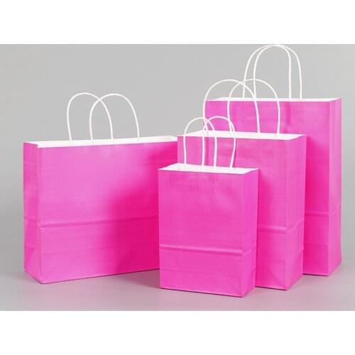 10 Pcs/lot Festival Gift Kraft Bag Hot Pink Shopping Bags DIY Multifunction Recyclable Paper Bag With Handles 4 Size Optional