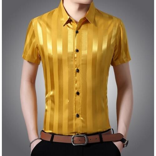 New Summer Male Silk Shirts Casual Man Soft Silk Clothes Short Sleeve Striped Dress Shirt Free Shipping