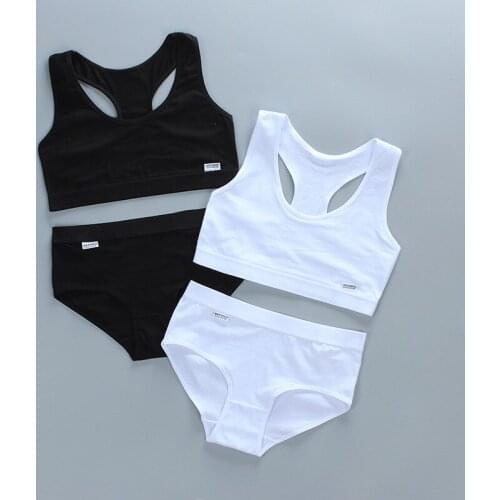 New Girls' Bra Set Developmental Pure Cotton Vest Type Solid Color Sports Bottoming Underwear Set Set 8-16Y