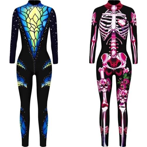 New Psychedelic Skeleton Digital Printing Jumpsuit For Women Halloween Party Cosplay Bodysuit Nightclub Stage Costumes DWY6210