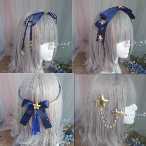Lolita Navy Blue KC Hair Hoop Large Bowknot Star Pearl Tassel Hair Accessories Soft Sister Side Clip Female Rabbit Fur Hair Ring