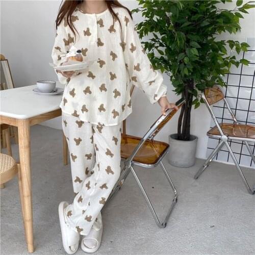 Autumn winter pajama set women sweet cartoon bear homewear long sleeve sleepwear o-neck pullover pants cotton apricot soft Y974