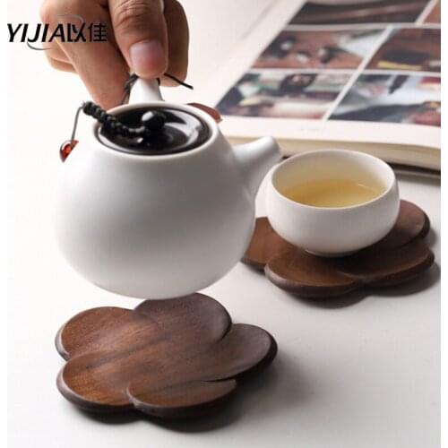 Solid wood Tea Coffee Cup Pad Placemats Decor Black walnut Coasters Durable Heat Resistant Square Round Drink Mat Petal design