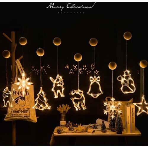 Holiday Window Decor LED String Lamp Christmas Bell Snowman Star Sucker Lights Battery Power Christmas Garland For Home Decor