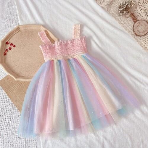 Rainbow Colorful Kids Dresses for Girls Cute Crumpled Suspender Dress Mesh Beach Holiday Little Children Costume Vestidos