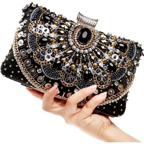 Luxury bags women Beaded Clutch Purse Elegant Black Evening Bags Wedding Party Clutch Handbag Metal Chain designer Shoulder Bags