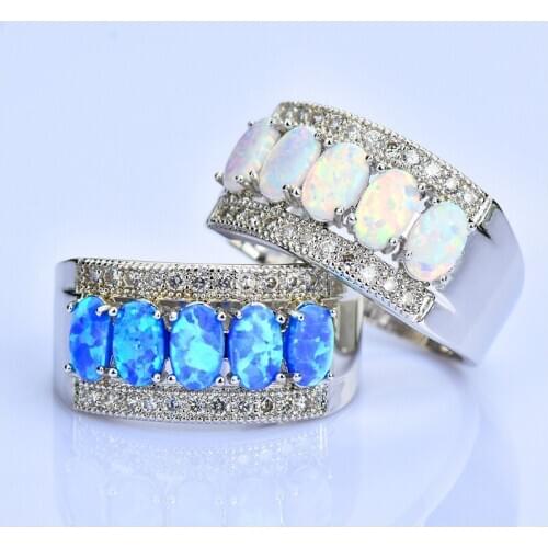 Luxe Style Oval Stone Blue White Fire Opal Rings For Women Men 10KT White Gold Engagement Couple Ring Zircon Female Male Jewelry
