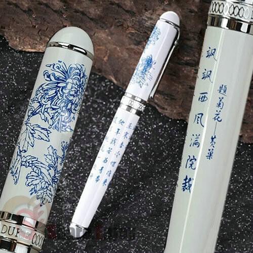 DUKE D2 FOUNTAIN PEN 0.7mm BROAD NIB WHITE AND SILVER CHRYSANTHEMUM ORIGINAL BOX