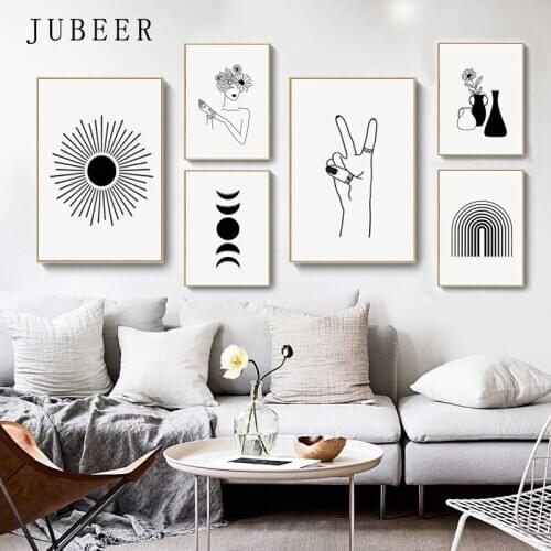 Nordic Minimalism Wall Art Line Sun Posters and Prints Rainbow Decorative Pictures Abstract Girl Canvas Painting for Living Room
