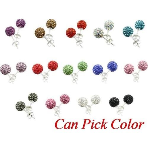 Uhj35 8mm fashion silver plated Earrings Clay Disco Crystal Ball Stud Earring Mix Colors Rhinestone