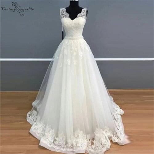 Vintage Lace Wedding Dresses 2020 A-Line V-Neck Corset Back Sweep Train Classic Bridal Gowns Bride Dress Vestido De Noiva Cheap