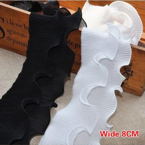 8CM Wide And High Quality Black And White Double Two-Layer Pleated Retro Wrinkled Chiffon Lace Fabric Elastic Lotus Leaf Trim