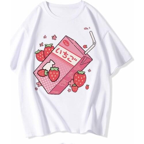 Japan Strawberry Juice Graphic Print Women Tops T-shirt Casual ladies basis O-collar Pink Short Sleeved T-shirt Girl,Drop Ship