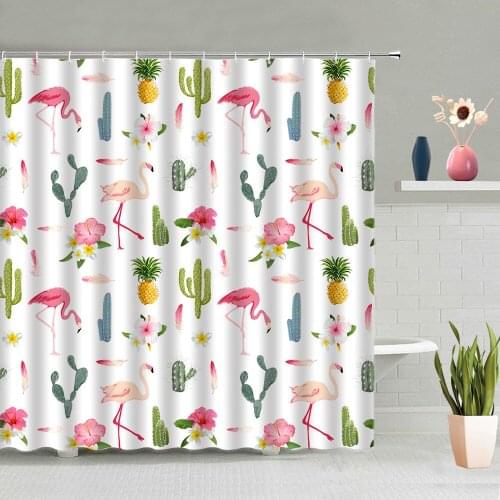 Cactus Shower Curtain Tropical Plants Flowers Flamingo Alpaca 3D Printed Waterproof Polyester Fabric Bathroom Curtains With Hook