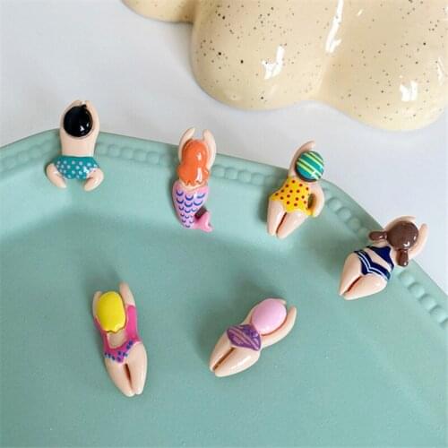 AOMU Colorful Resin Cartoon Swimming Girl Earring Creative Personality Smooth Irregular Geometric Bikini Stud Earrings for Women