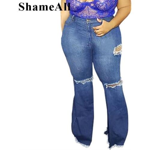 Women Plus Size Design Ripped Holes Flare Jeans 3XL 4XL High Waist Stretch Bell-Bottom Long Jeans For Women Mom Jean