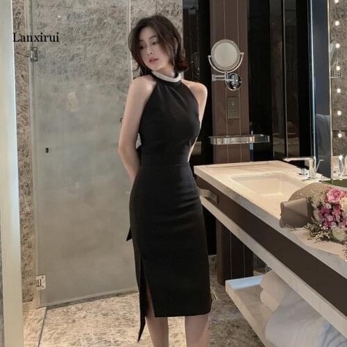 Ladies Black Sleeveless Sexy Split Casual Dress Women Sets Two Piece Strapless Halter Evening Party Dresses