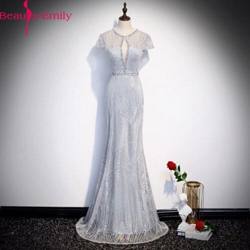 Beauty Emily Lace Silver Sexy Evening Dresses 2020 Short Sleeve Hollow Out Party Prom Dresses Elegant Long Evening Party Gowns