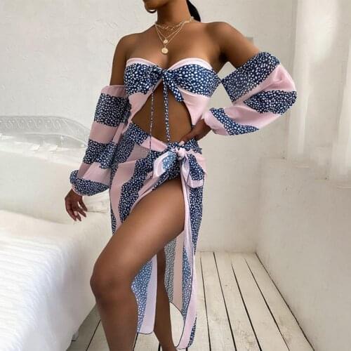 2Pcs/Set Sexy Polka Dot Print Long Sleeve Push Up Navel Exposed Padded One-piece Bikini Swimsuit Cover Up Bandeau Swimwear